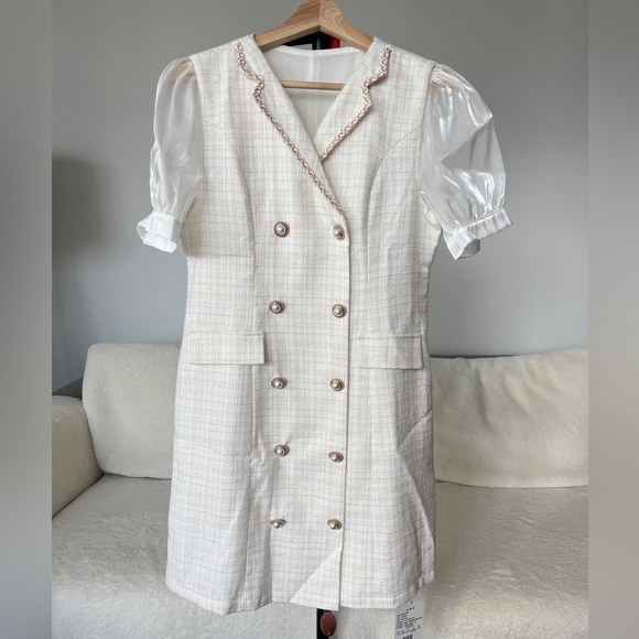Tweed Double-Breasted Jacket Dress with Sheer Puff Sleeves – White & Gold Pastel - Picture 1 of 8